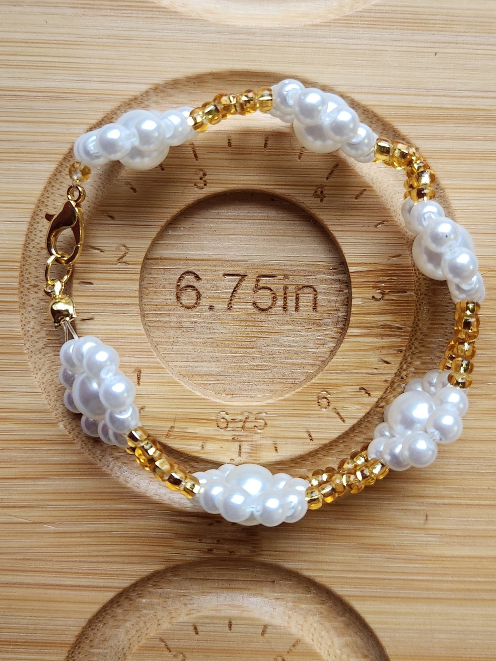 Pearl Floral Cluster Bracelet With Gold Czech Bead Accents - Picture 3 of 3